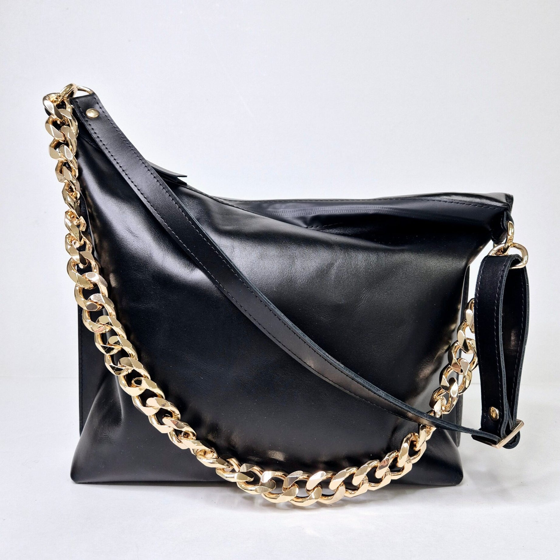 Black Leather Hobo Bag - Large