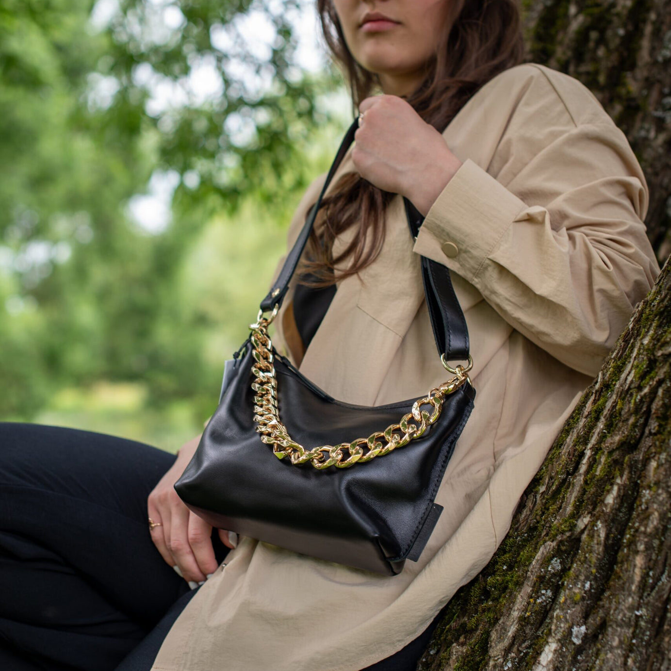 Black Leather Hobo Bag - Small